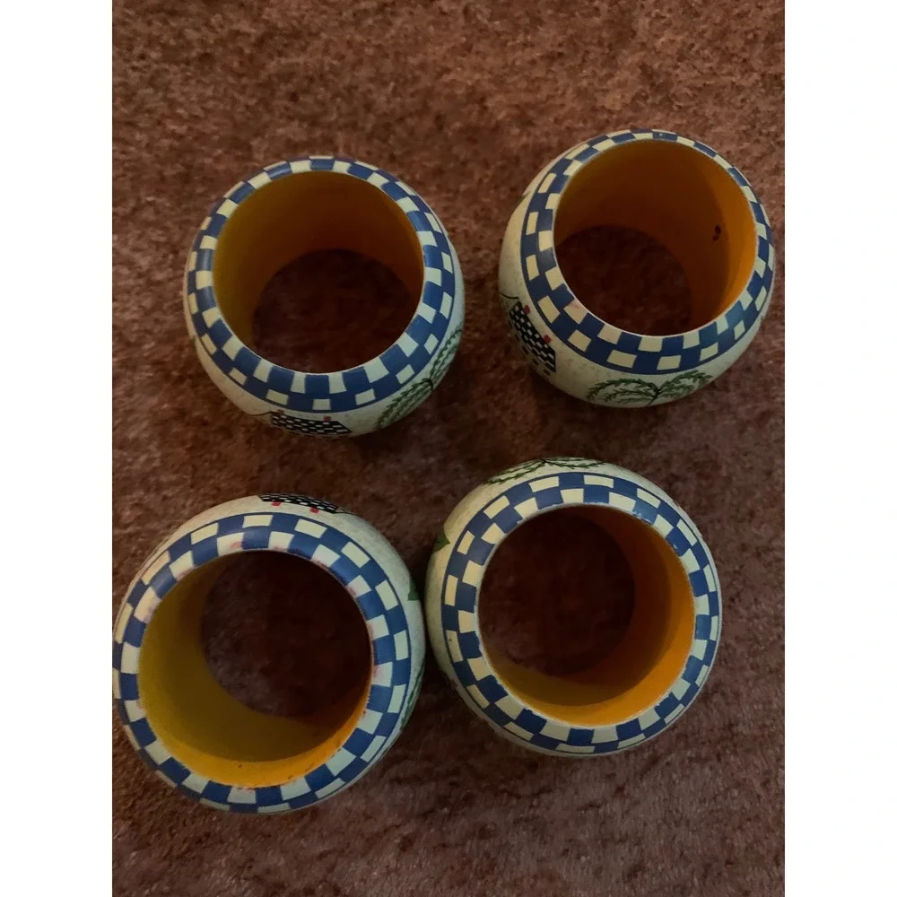 Vintage Folk Art Style Napkin Rings Set of 4 Colonial House Willow Tree Blue